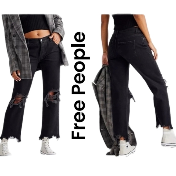 Free People Womens Maggie Mid Rise Straight Washed Black Distressed Jeans Sz 29 - Picture 1 of 14